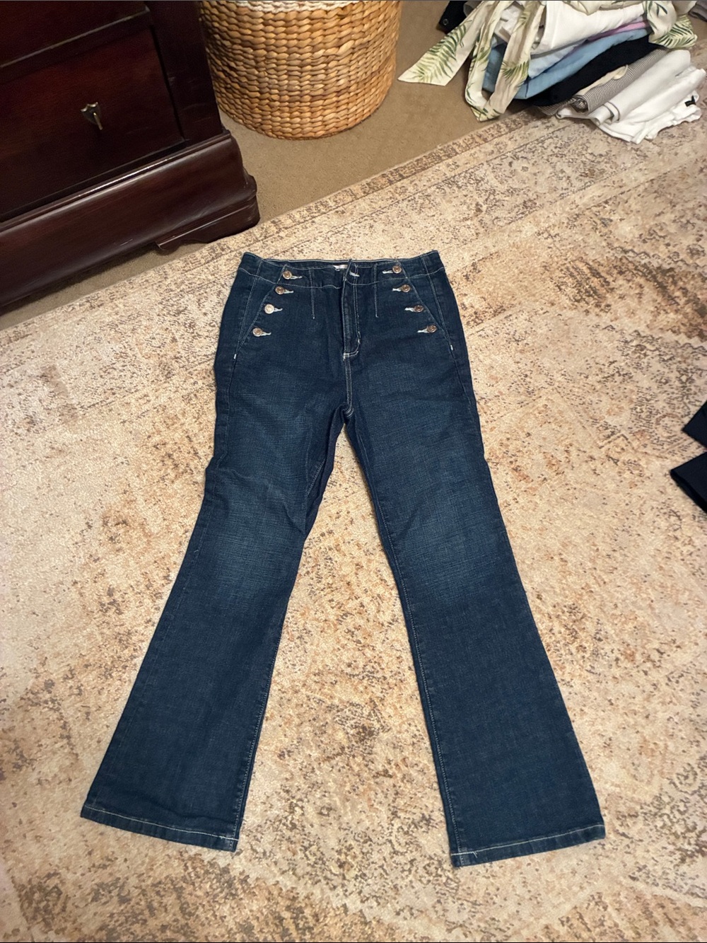 LOFT Dark Blue High-Rise Flare Jeans with Sailor Button Detail